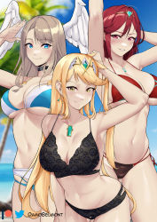  3girls absurdres arm_up bare_arms bare_shoulders bikini black_bra black_choker black_panties blonde_hair blue_bikini blue_eyes blue_sky blush bra breasts brown_hair choker commentary cowboy_shot damobelmont day english_commentary eunie_(xenoblade) grin head_wings highres large_breasts long_hair looking_at_viewer multi-strapped_bikini multiple_girls mythra_(xenoblade) navel official_alternate_costume outdoors panties parted_lips pyra_(xenoblade) red_bikini red_eyes red_hair sky smile standing stomach swimsuit thighs twitter_logo underwear underwear_only wings xenoblade_chronicles_(series) xenoblade_chronicles_2 xenoblade_chronicles_3 yellow_eyes  rating:Sensitive score:72 user:danbooru