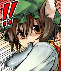  ! !! 1girl :3 animal_ears bad_id bad_pixiv_id brown_eyes brown_hair cat_ears cat_girl chen earrings face female_focus fish gradient_background hat jewelry looking_back mouth_hold onemu serious short_hair solo speed_lines touhou 