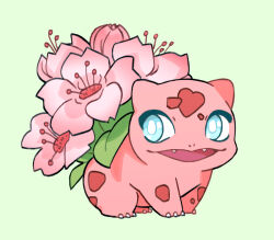  alternate_color alternate_form blue_eyes bulbasaur colored_skin creatures_(company) flower game_freak gen_1_pokemon green_background looking_to_the_side mjoyart nintendo no_humans open_mouth pink_flower pink_skin pokemon pokemon_(creature) simple_background solo 