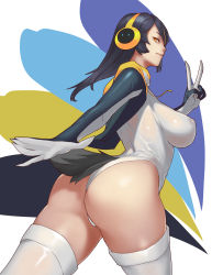 10s 1girl absurdres ass black_hair breasts brown_eyes commentary_request emperor_penguin_(kemono_friends) from_behind hair_over_one_eye headphones highleg highres hood hoodie kemono_friends large_breasts leotard long_hair looking_at_viewer looking_back multicolored_hair open_clothes open_hoodie simple_background smile solo thighhighs v white_leotard white_thighhighs yuzhou rating:Sensitive score:72 user:danbooru