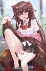 1girl absurdres barefoot boo_tao_(genshin_impact) bow bowtie breasts brown_hair brown_jacket chinese_commentary commentary_request dacha00001 feet flower flower-shaped_pupils genshin_impact hair_between_eyes highres hu_tao_(genshin_impact) jacket long_hair long_sleeves looking_at_viewer medium_breasts open_mouth panties red_bow red_bowtie red_eyes school_uniform shirt smile solo symbol-shaped_pupils toes twintails underwear very_long_hair white_panties white_shirt 