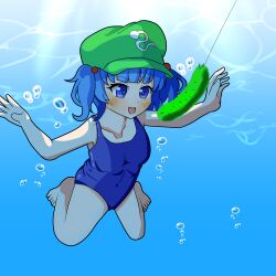 1girl absurdres air_bubble album album_art album_cover album_cover_redraw asphyxiation barefoot blue_eyes blue_hair breasts bubble cleavage cover covered_navel cucumber derivative_work female_focus fishing_hook fishing_lure flat_chest green_hair hair_bobbles hair_ornament hat highres kawashiro_nitori matching_hair/eyes medium_breasts midriff nevermind nirvana_(band) one-piece_swimsuit parody school_swimsuit short_hair solo strapless swimming swimsuit touhou tube_top twintails two_side_up underwater