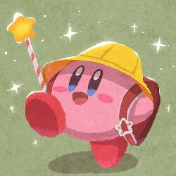  backpack bag blue_eyes blush_stickers colored_skin commentary_request green_background happy hat holding holding_wand kirby kirby_(series) kirby_super_star looking_ahead miclot nintendo no_humans open_mouth pink_skin red_bag red_footwear shadow shoes simple_background smile solo sparkle star_(symbol) star_rod star_wand wand yellow_hat 