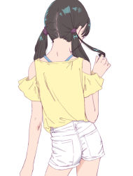 1girl ass bare_arms bare_shoulders blue_bra bra brown_hair contrapposto cowboy_shot from_behind twirling_hair hand_up highres kbrg long_hair nape original shirt short_shorts short_sleeves shorts simple_background solo thighs twintails underwear white_background white_shorts yellow_shirt rating:Sensitive score:114 user:danbooru