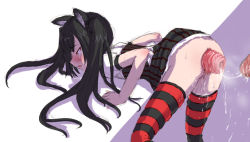 1girl aftersex ahegao anal animal_ears anus artist_request ass ass_juice bent_over black_hair blush cat_ears clothed_sex clothes_lift cum cum_in_ass cum_string cumdrip dress dress_lift fucked_silly huge_penis long_hair no_panties penis prolapse pussy_juice rectal_prolapse saliva snot striped_clothes striped_thighhighs sweat tears thighhighs twintails uncensored rating:Explicit score:117 user:lozertuser
