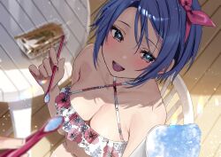  1girl bare_shoulders bikini blue_eyes blue_hair blurry blush breasts chigusa_minori cleavage collarbone commentary_request depth_of_field from_above highres himeno_akira ice_cream_spoon jitsuha_imouto_deshita. medium_breasts navel official_art open_mouth pov solo_focus spoon swimsuit textless_version tongue tongue_out wet 