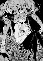  1girl absurdres abyssal_ship alexzhang algae breasts commentary_request greyscale hair_between_eyes hat highres holding holding_skull kantai_collection looking_at_viewer medium_breasts monochrome pantyhose short_hair_with_long_locks sitting skull solo teeth tentacles topless underwater wo-class_aircraft_carrier 