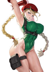  1girl absurdres arm_up armpits athletic_leotard beret blonde_hair blue_eyes braid breasts cammy_white commentary_request covered_navel curvy fingerless_gloves gloves green_leotard hat highleg highleg_leotard highres large_breasts leotard long_hair looking_at_viewer parted_lips red_gloves red_hat simple_background sr911656337775 standing street_fighter stretching thighs twin_braids white_background wide_hips  rating:Sensitive score:18 user:danbooru