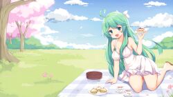 1girl absurdres bare_shoulders blue_sky blush breasts cake cherry_blossoms cloud day dress female_focus flower food grass green_eyes green_hair hair_between_eyes hair_ornament hair_ribbon highres holding long_hair looking_at_viewer mascot medium_breasts nyatrix open_mouth outdoors picnic ribbon rule34.xxx rule_34-tan sitting sky smile solo spaghetti_strap tree very_long_hair white_dress