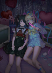  2girls absurdres ame-chan_(needy_girl_overdose) arm_support balloon black_eyes black_hair black_ribbon blister_pack blonde_hair blood bloody_knife blue_bow blue_eyes blue_hair blue_serafuku blue_shirt blue_skirt bow cat cellphone chouzetsusaikawa_tenshi-chan collared_shirt commentary_request crt curtains dual_persona emoji feet_out_of_frame hair_bow hair_ornament hair_over_one_eye hand_up hands_on_own_legs heart_balloon highres holding holding_knife indoors knife long_hair long_sleeves looking_at_viewer lying multicolored_hair multicolored_nails multiple_girls multiple_hair_bows neck_ribbon needy_girl_overdose on_back open_mouth phone pien_cat_(needy_girl_overdose) pill pill_bottle pink_blood pink_bow pink_hair pleading_face_emoji pleated_skirt purple_bow quad_tails red_shirt ribbon sailor_collar school_uniform serafuku shirt skirt smartphone smile suspender_skirt suspenders titapi twintails x_hair_ornament 