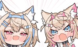  2girls angry animal_ear_fluff animal_ears bandaid bandaid_hair_ornament blonde_hair blue_eyes blue_hairband blush_stickers chibi collar crossed_bangs dog_ears dog_girl double-parted_bangs emphasis_lines fangs fuwawa_abyssgard hair_ornament hairband hairclip headphones highres hololive hololive_english kukie-nyan looking_at_viewer meme mococo_abyssgard multicolored_hair multiple_girls no_nose open_mouth pink_eyes pink_hairband simple_background skin_fangs smug streaked_hair v-shaped_eyebrows virtual_youtuber white_background x_hair_ornament 