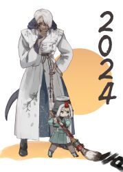  1boy 1girl 2024 absurdres akeome au_ra black_footwear black_sclera blue_eyes blue_jacket blue_skirt calligraphy_brush colored_sclera final_fantasy final_fantasy_xiv gg_dal grey_pantyhose hand_on_own_chin hand_on_own_hip happy_new_year hat highres holding horns jacket lalafell long_sleeves monster_boy new_year paintbrush pantyhose robe scales short_hair skirt standing stroking_own_chin tail warrior_of_light_(ff14) white_background white_hair white_robe 