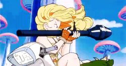  1980s_(style) 1girl animated animated_gif blonde_hair dragon_ball lowres lunch_(dragon_ball) money retro_artstyle outdoors retro_artstyle rocket_launcher tagme thief weapon  rating:Sensitive score:18 user:afrodog