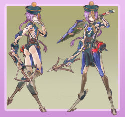  1girl absurdres android bonesfish bow_(weapon) braid chest_jewel crossbow digitigrade grin hair_over_one_eye hat highres jiangshi joints lantern multiple_views ofuda original over_shoulder purple_hair qingdai_guanmao red_eyes robot_joints scar sharp_teeth smile stitches sword sword_over_shoulder teeth weapon weapon_over_shoulder 