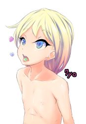  1girl a.l.l. blonde_hair blue_eyes candy collarbone earrings female_focus flat_chest food freckles jewelry loli long_hair nipples nude open_mouth simple_background solo teeth tongue tongue_out upper_body upper_teeth_only white_background  rating:Explicit score:50 user:HanJuri90