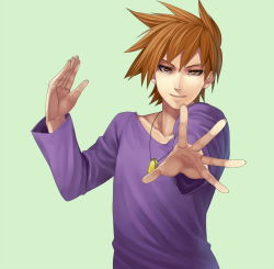  1990s_(style) 1boy bad_id bad_pixiv_id blue_oak blue_oak_(pokemon_rgby) brown_eyes brown_hair collarbone creatures_(company) fingernails game_freak green_background highres irohara_mitabi jewelry looking_at_viewer male_focus necklace nintendo open_hands outstretched_arm pokemon pokemon_rgby reaching retro_artstyle short_hair simple_background smile solo spiked_hair  rating:Sensitive score:11 user:danbooru
