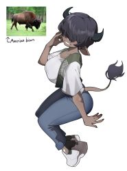  1girl animal bison black_hair black_horns buffalo cow_tail dark-skinned_male dark_skin denim full_body gomulgong hair_over_one_eye hand_up highres horns jeans original pants personification photo_inset pointy_ears shirt shoes short_hair short_sleeves simple_background sitting smile sneakers solo tail white_background white_footwear white_shirt  rating:Sensitive score:8 user:danbooru