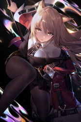  1girl animal_ears arknights belt black_footwear black_neckwear black_pantyhose black_vest blonde_hair breasts calder cat_ears chain coat highres holding kneeling large_breasts long_hair long_sleeves name_tag open_clothes open_coat pantyhose pleated_skirt red_coat shirt skirt skyfire_(arknights) solo staff striped_neckwear vest white_shirt wide_sleeves yellow_eyes  rating:Sensitive score:9 user:MellowJello
