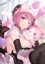  1girl ;) absurdres animal_ears balloon beret black_beret black_choker black_dress black_gloves black_hat black_thighhighs blush bob_cut bow breasts cat_ears cat_girl cat_tail choker closed_mouth commentary dress elbow_gloves gloves hat highres huge_breasts hugging_doll hugging_object indie_virtual_youtuber lace lace-trimmed_thighhighs looking_at_viewer official_alternate_costume official_alternate_hair_length official_alternate_hairstyle one_eye_closed pink_hair shima_koume short_dress short_hair sideboob smile solo strapless strapless_dress stuffed_animal stuffed_cat stuffed_toy tail tail_bow tail_ornament tenshouin_himeno thighhighs 