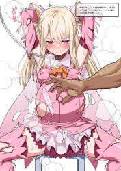 1boy 1girl absurdres armpits arms_behind_head arms_up ascot bare_shoulders blush boots breasts cape chain clenched_teeth collar covered_erect_nipples dress elbow_gloves fate/kaleid_liner_prisma_illya fate_(series) feather_hair_ornament feathers gloves hair_ornament highres illyasviel_von_einzbern layered_gloves loli long_hair looking_at_viewer pink_dress pink_footwear pink_gloves pregnant prisma_illya red_eyes sekai_saisoku_no_panda sidelocks skirt small_breasts solo_focus spread_legs teeth thigh_boots translation_request two_side_up white_cape white_gloves white_hair white_skirt 