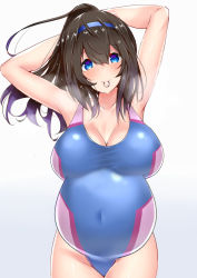  1girl arms_behind_head black_hair blue_eyes blue_one-piece_swimsuit breasts cleavage commentary_request competition_swimsuit cowboy_shot gradient_background hairband highleg highleg_swimsuit highres idolmaster idolmaster_cinderella_girls impossible_clothes impossible_swimsuit large_breasts long_hair looking_at_viewer mouth_hold one-piece_swimsuit ponytail pregnant rubber_band sagisawa_fumika sankakusui solo standing swimsuit taut_clothes taut_swimsuit third-party_edit white_background  rating:Sensitive score:57 user:aaa