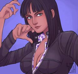  1girl artist_name black_dress black_hair blue_eyes blunt_bangs breasts cleavage commentary dress english_commentary extra_arms highres lilithartv long_sleeves looking_ahead medium_hair nico_robin one_piece purple_background sidelocks simple_background solo upper_body 