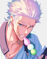  1boy absurdres blue_eyes chain_necklace collarbone collared_shirt dango dragon_print eating facial_scar fate/grand_order fate_(series) food hair_slicked_back haruakira highres holding jacket jewelry male_focus nagakura_shinpachi_(fate) necklace scar scar_on_cheek scar_on_face shirt short_hair upper_body wagashi white_hair white_jacket 