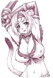  1girl :d adventurer_(ff11) animal_ear_fluff animal_ears armpits arms_up breasts cat_ears cat_girl cat_tail cleavage covered_erect_nipples elbow_gloves facial_mark final_fantasy final_fantasy_xi fingerless_gloves gloves groin hair_intakes headband large_breasts looking_at_viewer midriff mithra_(ff11) monochrome navel neriwasabi open_mouth purple_theme short_hair simple_background smile solo tail teeth upper_teeth_only whisker_markings white_background 