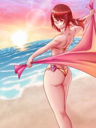1girl ass beach bikini blanket breasts brown_eyes brown_hair butt_crack digimon falcon_(burbdoodles) from_behind gold_bikini highres holding holding_blanket looking_at_viewer micro_bikini ocean one_eye_closed ponytail short_ponytail small_breasts smile solo standing sunset swimsuit yagami_hikari
