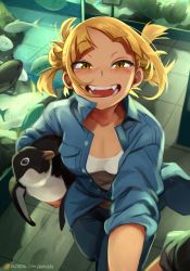  1girl absurdres animal aquarium bird blonde_hair blue_pants blue_shirt blush boku_no_hero_academia breast_pocket breasts collarbone collared_shirt commentary english_commentary fish fleeing highres holding holding_animal khyle. looking_at_viewer messy_hair open_clothes open_mouth open_shirt outstretched_arm pants patreon_logo patreon_username penguin pocket reaching reaching_towards_viewer shirt smile solo_focus standing standing_on_one_leg tile_floor tiles toga_himiko watermark web_address yellow_eyes  rating:Sensitive score:87 user:danbooru