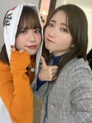  2girls aoyama_nagisa closed_mouth date_sayuri indoors looking_at_viewer medium_hair multiple_girls photo_(medium) selfie standing thumbs_up voice_actor 
