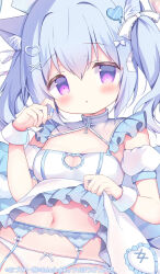  1girl :o animal_ear_fluff animal_ears azumi_kazuki blue_hair blush bow bow_panties breasts cleavage cleavage_cutout clothes_lift clothing_cutout commentary_request detached_sleeves dress dress_lift frilled_dress frills garter_belt hair_between_eyes hair_bow hair_ornament hairclip heart heart_cutout heart_hair_ornament highres holding lifting_own_clothes long_hair medium_breasts navel original panties parted_lips pill puffy_short_sleeves puffy_sleeves purple_eyes short_sleeves solo twintails underwear white_bow white_panties white_sleeves wrist_cuffs x_hair_ornament 