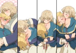  2girls akutsu_(demodori) artist_name blonde_hair blue_capelet blue_robe blue_shirt blush braid breasts breath capelet choker closed_eyes closed_mouth commentary_request dungeon_meshi elf falin_touden green_eyes grey_shirt hood hooded_capelet kiss kissing_neck long_hair long_sleeves marcille_donato multiple_girls open_mouth pants pointy_ears red_choker robe shirt short_hair signature simple_background sweat tearing_up white_background white_pants yellow_eyes yuri 