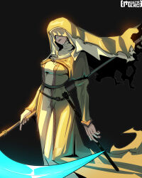  1girl absurdres artist_name black_background breasts closed_mouth coif commentary covered_eyes dark_souls_(series) dark_souls_iii english_commentary habit highres holding holding_scythe holding_weapon mustakro6 nun scythe simple_background sister_friede solo standing torn_clothes twitter_username weapon 