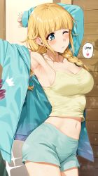 1girl absurdres arm_behind_head armpits arms_up blonde_hair blue_eyes blue_jacket blue_shorts blunt_bangs blush braid breasts camisole cleavage closed_mouth collarbone commentary hair_over_shoulder heart highres indoors jacket large_breasts long_hair long_sleeves midriff navel one_eye_closed open_clothes open_jacket paripi_koumei shirt short_shorts shorts single_braid sleeves_past_wrists solo speech_bubble spoken_heart standing stretching sweat tsukimi_eiko unzipped yakimi_27 yellow_shirt rating:Sensitive score:137 user:danbooru