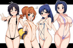 10s 4girls ;3 abs ahoge antenna_hair areola_slip ball bare_shoulders bikini black_hair blue_eyes blue_hair blush breast_conscious breasts cleft_of_venus clothing_cutout collarbone covering_privates covering_breasts crotchless crotchless_swimsuit drill_hair embarrassed female_pubic_hair flat_chest flying_sweatdrops gluteal_fold hand_on_own_hip heart heart_cutout hidebou hip_focus idolmaster idolmaster_(classic) idolmaster_2 kikuchi_makoto kisaragi_chihaya large_breasts letterboxed lineup long_hair micro_bikini miura_azusa multiple_girls navel one_eye_closed open_mouth orange_hair outside_border ponytail pubic_hair purple_eyes pussy short_hair slingshot_swimsuit squiggle sweatdrop swimsuit takatsuki_yayoi thigh_gap twin_drills twintails uncensored v wink wristband rating:Explicit score:173 user:danbooru
