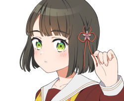  1girl black_hair blunt_bangs blunt_ends blush bob_cut brown_dress collarbone commentary dress flower_knot green_eyes hair_ornament hasu_no_sora_school_uniform highres jenny_(je2live) link!_like!_love_live! long_sleeves looking_at_viewer love_live! momose_ginko neckerchief parted_lips portrait sailor_collar school_uniform short_hair simple_background solo upper_body virtual_youtuber white_background white_sailor_collar winter_uniform yellow_neckerchief 