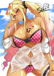  1girl bikini bikini_under_clothes blonde_hair blue_sky body_writing breasts candy chocolate chocolate_heart chocolate_on_body chocolate_on_breasts female_focus food food_on_body gyaru heart heart-shaped_eyewear heart-shaped_sunglasses highres large_breasts lips lipstick_mark long_hair looking_at_viewer naughty_face red_eyes shatte_judevesten sian sky super_robot_wars super_robot_wars_x-omega swimsuit tagme tan tanline twintails very_long_hair wide_hips  rating:Explicit score:92 user:onewhogames9