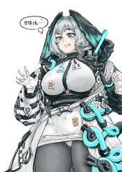  1girl absurdres anger_vein arknights between_breasts black_feathers black_pantyhose black_wings blue_eyes blue_feathers blush breasts chinese_commentary chinese_text commentary_request covered_navel dress feathers fingerless_gloves gloves grey_hair head_wings highres ho&#039;olheyak_(arknights) interfax large_breasts medium_hair panties pantyhose simple_background solo strap_between_breasts translation_request two-tone_wings underwear white_background white_dress white_gloves white_panties wings 