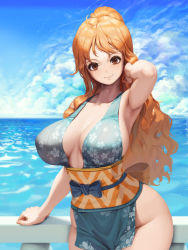  1girl alternate_costume arm_support armpits blue_dress blue_sky breasts brown_eyes cleavage closed_mouth cloud curvy day dress female_focus high_ponytail japanese_clothes kimono large_breasts letdie1414 nami_(one_piece) no_bra no_panties obi ocean official_alternate_costume one_piece orange_hair outdoors pelvic_curtain ponytail railing raling revealing_clothes sash sky sleeveless sleeveless_kimono smile thighs water wide_hips  rating:Sensitive score:157 user:danbooru