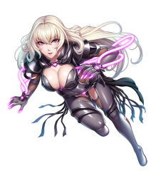  blonde_hair cable fishnets hair_between_eyes igawa_senshu k-suwabe lilith-soft long_hair looking_at_viewer mechanical_arms mole mole_under_eye mole_under_mouth nails official_art open_mouth parted_lips pink_nails purple_eyes simple_background taimanin_(series) taimanin_rpgx taimanin_suit wire 