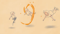  1girl 2boys brown_background child dokaiasuka fire floating full_body highres multiple_boys open_mouth original pants shadow shirt shoes short_hair shorts simple_background skipping socks t-shirt 