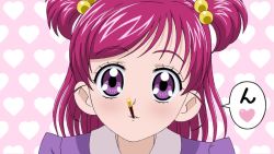  00s 1girl eyelashes feeding food hair_bobbles hair_ornament heart heart_background mouth_hold natsuhina pink_hair pocky pocky_kiss pov_feeding precure purple_eyes school_uniform shared_food sharing_food short_twintails solo spoken_heart twintails two_side_up yes!_precure_5 yumehara_nozomi 
