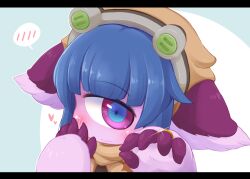  1girl blue_background blue_hair blue_pupils blunt_bangs blush closed_mouth colored_skin commentary_request cyclops furry furry_female headgear jewelry letterboxed looking_at_viewer made_in_abyss medium_bangs one-eyed pakkoyan pink_eyes pink_skin ring short_hair solo spoken_blush two-tone_background upper_body ura_r white_background 