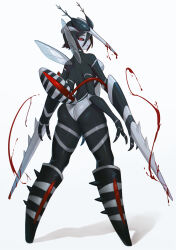  1girl :o absurdres antennae arthropod_girl arthropod_limbs black_hair black_sclera black_skin blood bloody_weapon breasts carapace claws colored_sclera colored_skin compound_eyes daon_(kenta111881) extra_arms from_behind full_body gradient_hair grey_skin hair_between_eyes highres insect_wings looking_at_viewer looking_back medium_breasts monster_girl mosquito_girl multicolored_hair multicolored_skin no_feet open_mouth original proboscis red_eyes shadow short_hair simple_background solo standing tail weapon white_background wings 