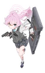  1girl absurdres ahoge black_footwear black_skirt blood blood_on_clothes blood_on_face blue_archive blue_eyes blue_necktie closed_mouth collared_shirt fuyubone grey_vest gun halo heterochromia highres holding holding_gun holding_shield holding_weapon hoshino_(blue_archive) injury long_hair necktie official_alternate_costume official_alternate_hairstyle pink_hair pink_halo pleated_skirt ponytail shield shirt shoes simple_background skirt socks solo torn_clothes torn_shirt vest weapon white_background white_shirt white_socks yellow_eyes 