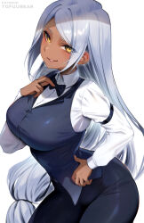  1girl alternate_hairstyle black_pants blush borrowed_character breasts commission dark-skinned_female dark_skin formal grey_hair highres large_breasts long_hair looking_at_viewer low-tied_long_hair open_mouth original pants parted_bangs simple_background smile solo tofuubear vest white_background yellow_eyes 