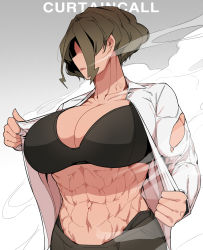  1girl abs biceps black_bra bra breasts brown_hair cleavage collared_shirt curtain_call_challenge_(meme) english_text hair_over_eyes highres large_breasts long_sleeves meme muscular muscular_female oddsnail open_clothes open_shirt original parted_lips profile shirt short_hair solo torn_clothes underwear upper_body white_shirt  rating:Sensitive score:50 user:danbooru