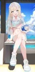  1girl aqua_eyes aqua_shirt backwards_hat bandaid baseball_cap bench blonde_hair blue_sky blunt_bangs bottle braid breasts bus_stop cleavage cloud cropped_shirt crossed_legs foreshortening frilled_shorts frills full_body hair_ornament hair_ribbon hat headphones headphones_around_neck highres holding holding_bottle hololive kazama_iroha kazama_iroha_(streetwear) leaf_hair_ornament leaf_print legs long_hair looking_at_viewer mamdtsubu midriff navel official_alternate_costume on_bench open_mouth outdoors plastic_bottle ribbon shirt shoes shorts sitting sky small_breasts smile sneakers solo virtual_youtuber water_bottle 