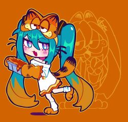  1girl blue_eyes blue_hair blush cat_tail character_hat cosplay fang garfield garfield_(character) garfield_(character)_(cosplay) hatsune_miku lasagne long_hair oven_mitts sidelocks skin_fang slippers solo tail twintails vocaloid yumeyuk0  rating:General score:1 user:danbooru